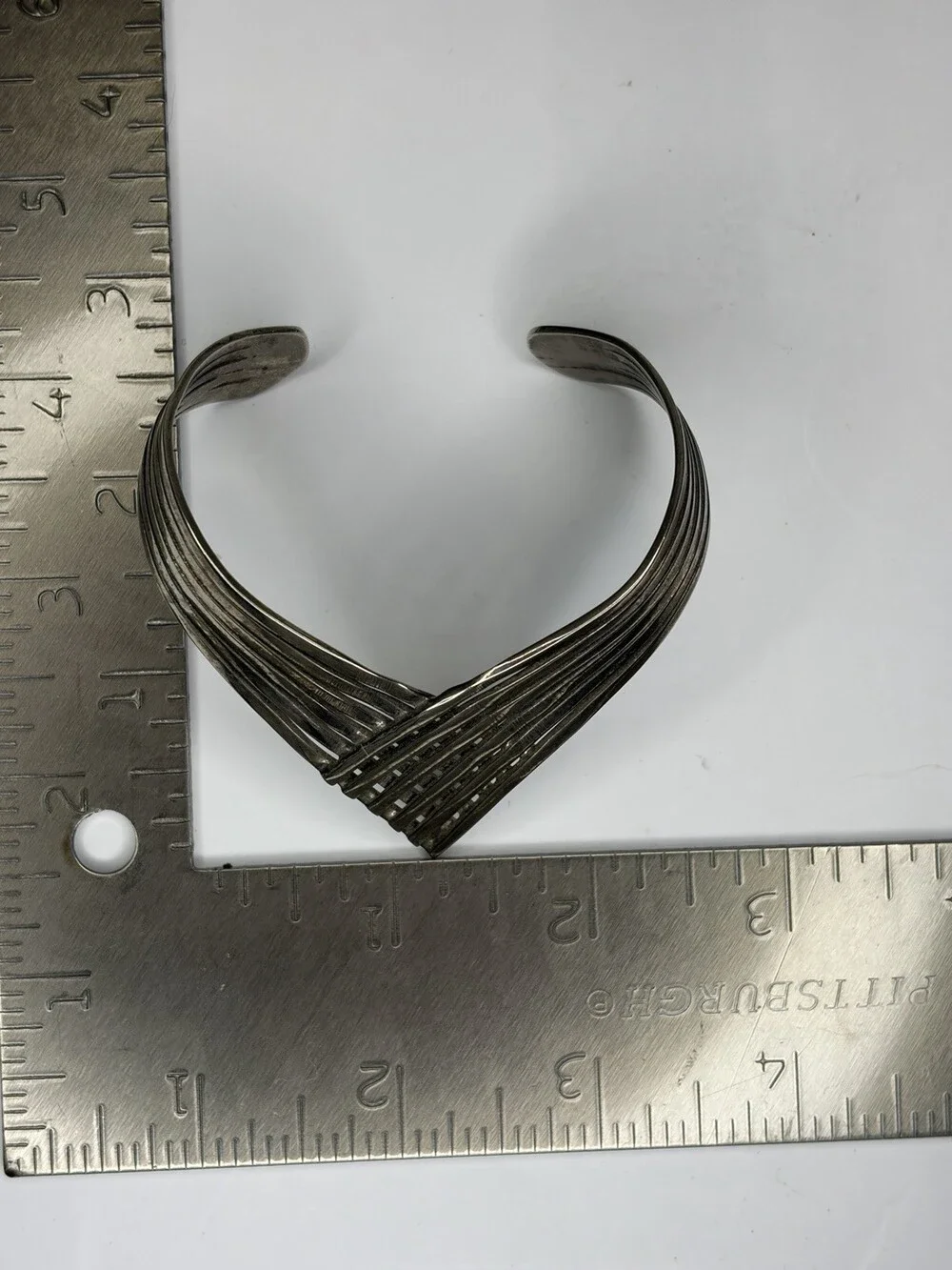 Vintage Silver Tone Chevron Lattice Cuff Bracelet – Modernist V-Shape